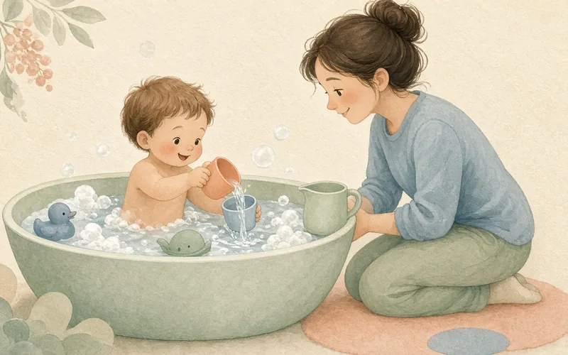 Illustration: Bath-time pouring station, Cups, jugs and a colander turn bath time into a pouring lab