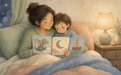 Illustration: Bedtime 'tell me a story' cards, Draw three random cards and invent a story together