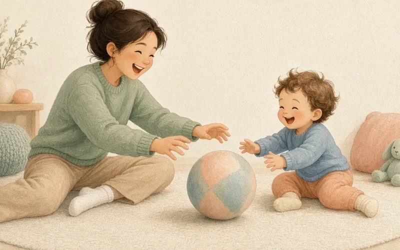 Illustration: Big-ball rolling game, Sit facing each other and roll a large soft ball back and forth