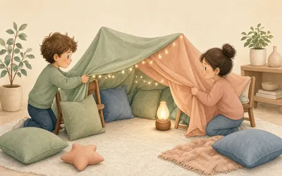 Illustration: Blanket fort reading den, Build a fort, add a torch and a pile of books
