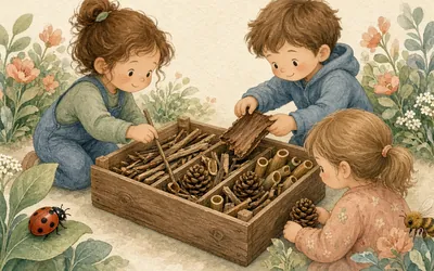 Illustration: Bug hotel, Build a shelter for insects from sticks and pinecones