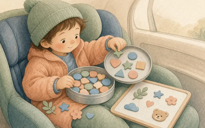 Illustration: Car trip activity tin, A metal tin with magnets, stickers and a mini whiteboard