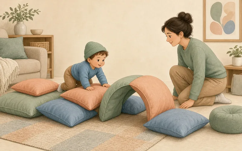 Illustration: Couch-cushion obstacle course, Floor cushions to crawl over, under and through