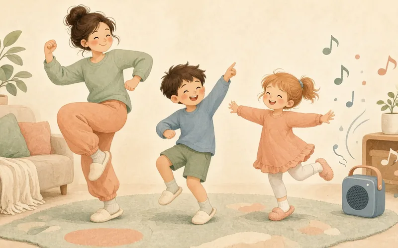 Illustration: Dance party freeze, Music on, freeze when it stops