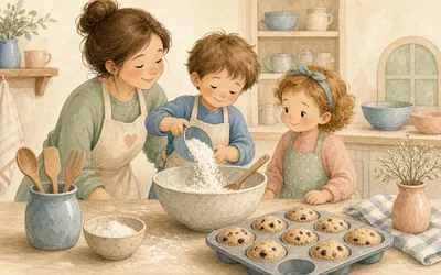Illustration: Family bake-off, Simple baking with kids measuring and mixing