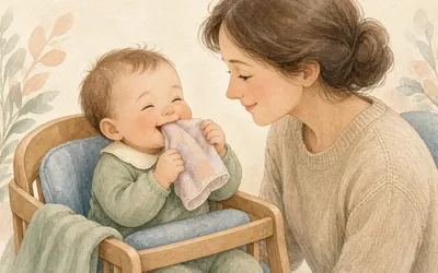 Illustration: Frozen washcloth teether play, A chilled damp washcloth to chew and explore on hot days