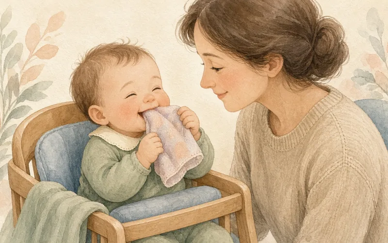 Illustration: Frozen washcloth teether play, A chilled damp washcloth to chew and explore on hot days