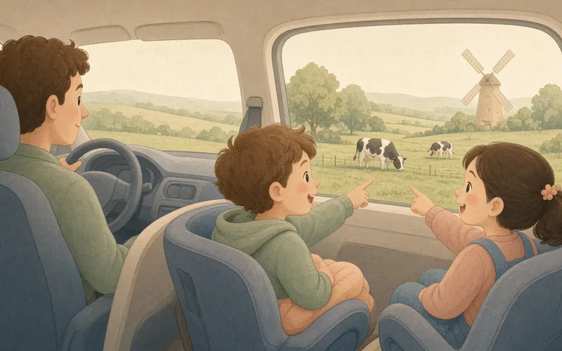 Illustration: I spy alphabet in the car, Find something outside starting with each letter