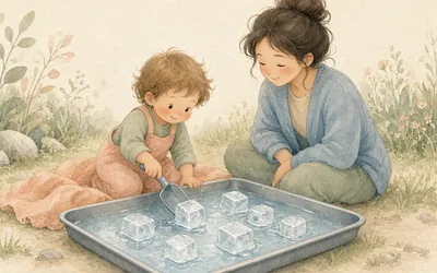 Illustration: Ice cubes in a tray, Play with large ice cubes in a tray on a hot day