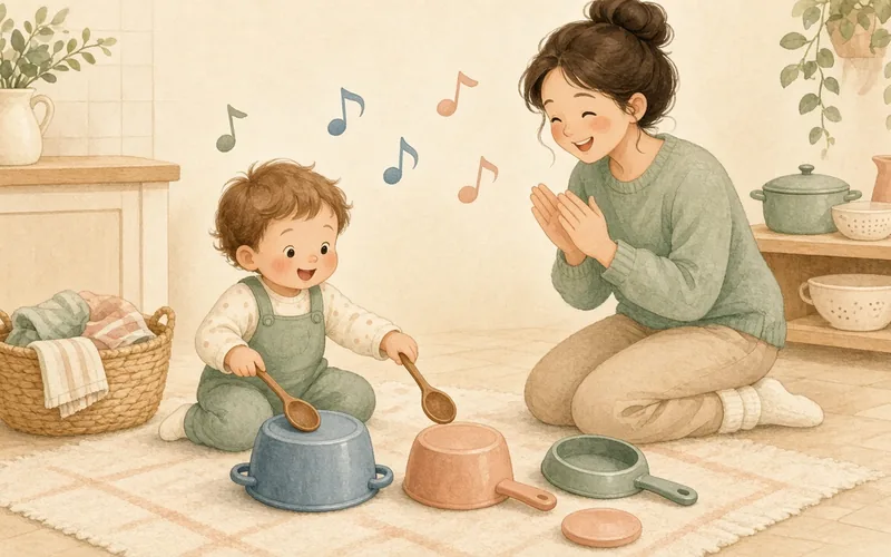 Illustration: Kitchen band (pots and wooden spoons), Pots, pans and wooden spoons make a very loud, very happy band