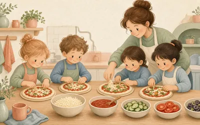 Illustration: Kitchen helper pizza night, Kids make their own pizzas from a toppings bar