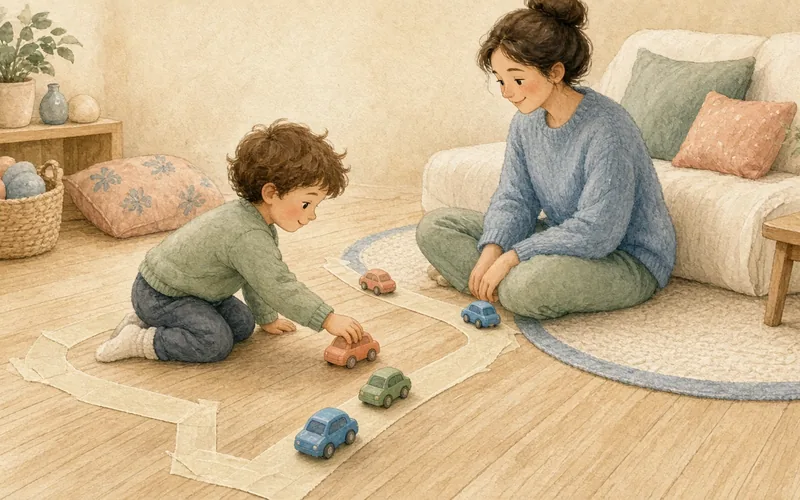 Illustration: Masking-tape road on the floor, Tape a road network across the floor for toy cars