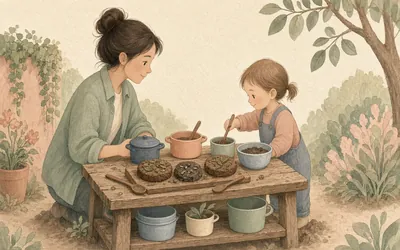 Illustration: Mud kitchen, An outdoor 'kitchen' of old pots, dirt and water