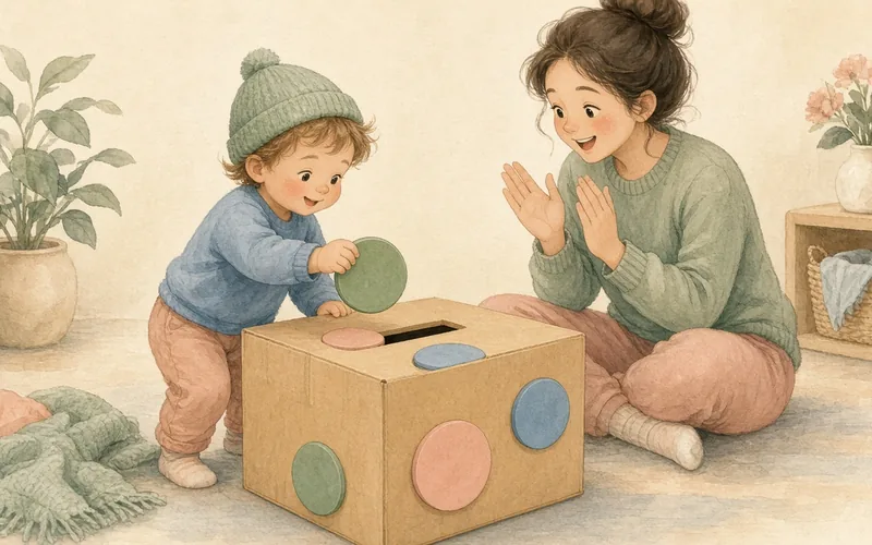 Illustration: Posting box, Toddlers 'post' large lids into a slot cut in a cardboard box
