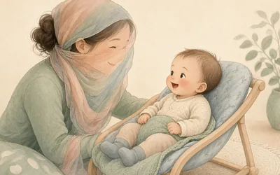 Illustration: Scarf peekaboo, Slow peekaboo with a light scarf builds object-permanence giggles