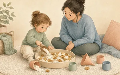 Illustration: Sensory bin, A tub of rice, pasta or water beads with scoops