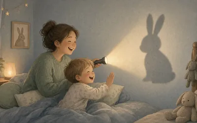 Illustration: Shadow play with a torch, Make simple hand shadows on the wall at dusk