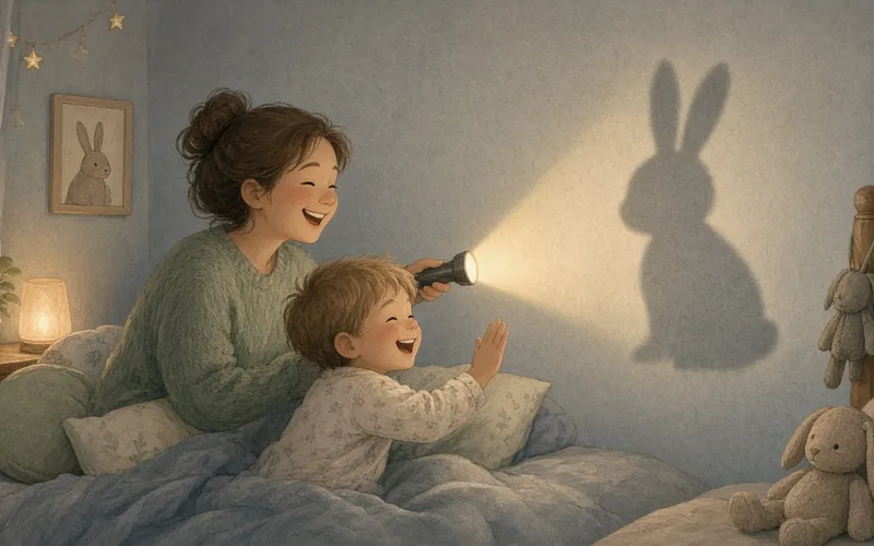Illustration: Shadow play with a torch, Make simple hand shadows on the wall at dusk