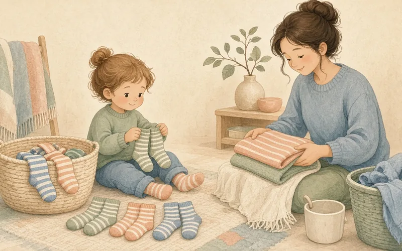 Illustration: Sock-matching laundry help, Toddlers help sort big, bright socks into pairs
