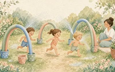 Illustration: Sprinkler obstacle course, Combine a sprinkler with cones, hoops and jumps