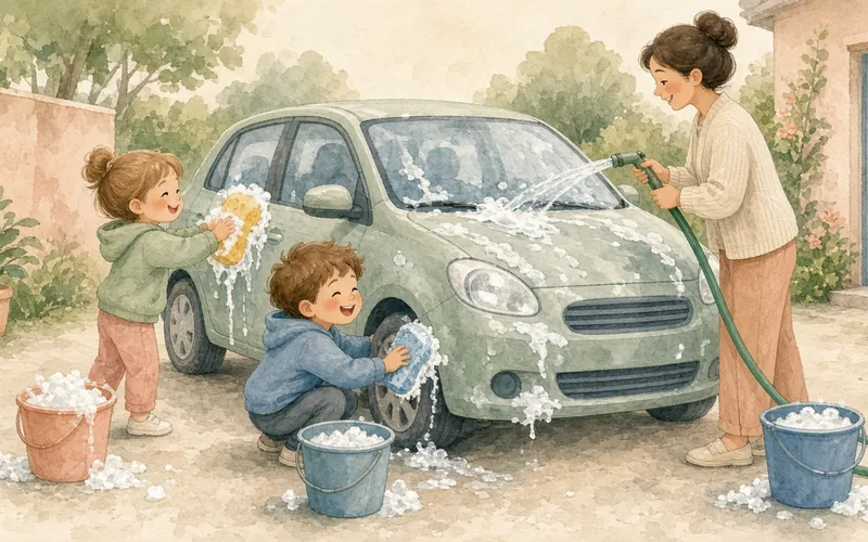 Illustration: Washing the car together, Buckets, sponges and permission to get wet