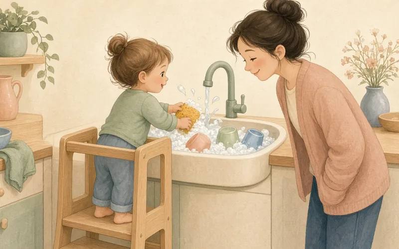 Illustration: Washing-up water play, A tub of warm soapy water and plastic dishes to 'wash up' outside